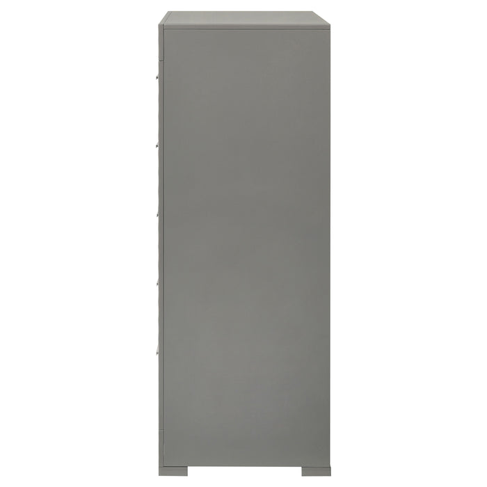 Grey high gloss Ives 5-drawer bedroom chest of drawers by CoasterEveryday, showing sleek modern furniture with silver handles.