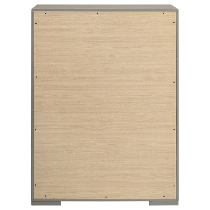 Grey high gloss 5-drawer bedroom chest of drawers by CoasterEveryday, showing sleek modern furniture with smooth finish.