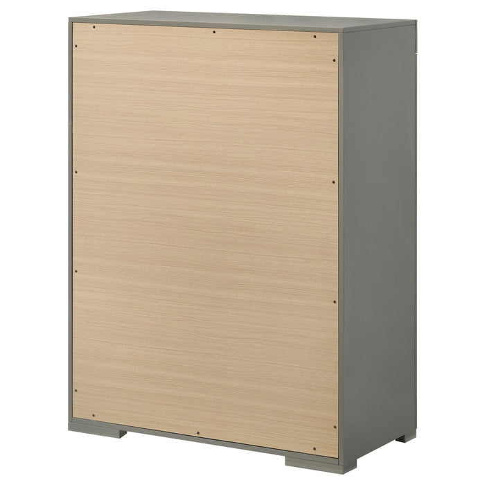 Grey high gloss 5-drawer bedroom chest from CoasterEveryday, showcasing sleek modern furniture design against a neutral background.