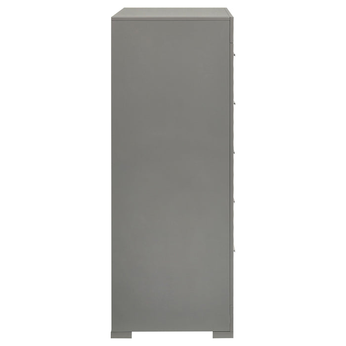 Grey Ives 5-drawer bedroom chest of drawers by CoasterEveryday, featuring a high gloss finish and modern furniture design.