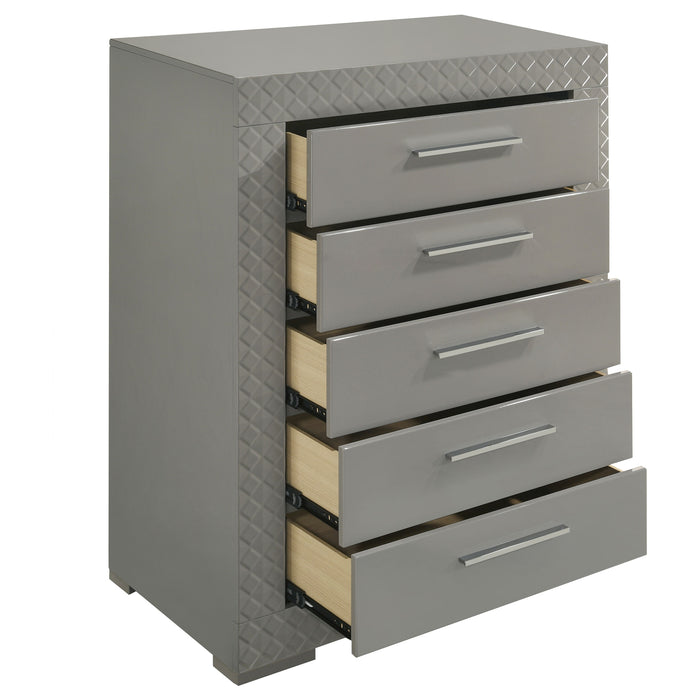 CoasterEveryday Ives grey high gloss 5-drawer bedroom chest of drawers with sleek modern design and silver handles.