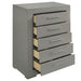 CoasterEveryday Ives grey high gloss 5-drawer bedroom chest of drawers with sleek modern design and silver handles.