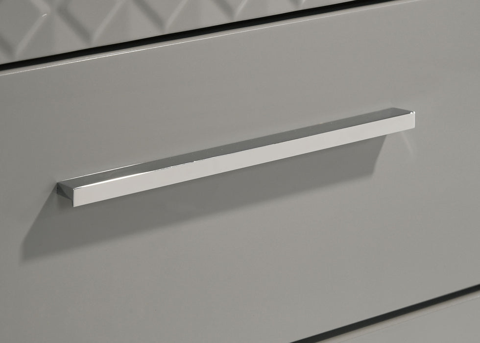 Grey high gloss 5-drawer bedroom chest of drawers by CoasterEveryday, showcasing sleek modern furniture with clean lines.