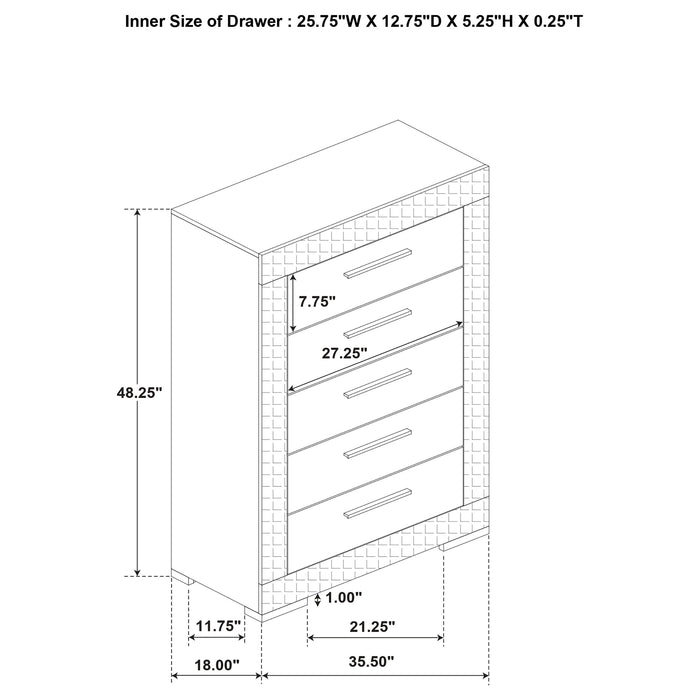 Grey high gloss 5-drawer bedroom chest of drawers from CoasterEveryday, showcasing sleek modern furniture design.