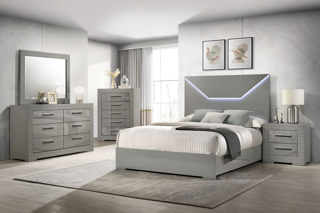 Grey high gloss Ives 5-drawer bedroom chest of drawers by CoasterEveryday, showing sleek modern furniture with silver handles.