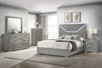 Grey high gloss Ives 5-drawer bedroom chest of drawers by CoasterEveryday, showing sleek modern furniture with silver handles.