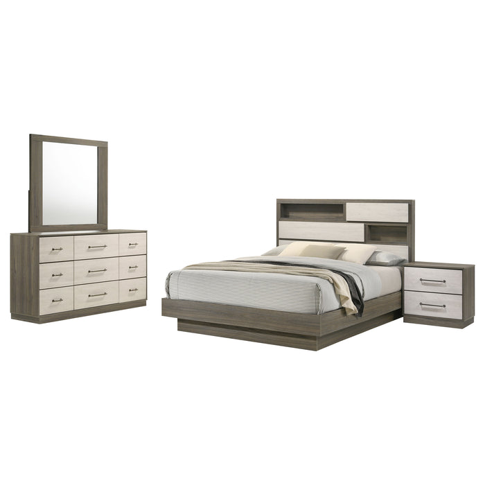 Grey oak Fenwick 4-piece California King bedroom furniture set by CoasterEveryday, includes bed frame and storage pieces.