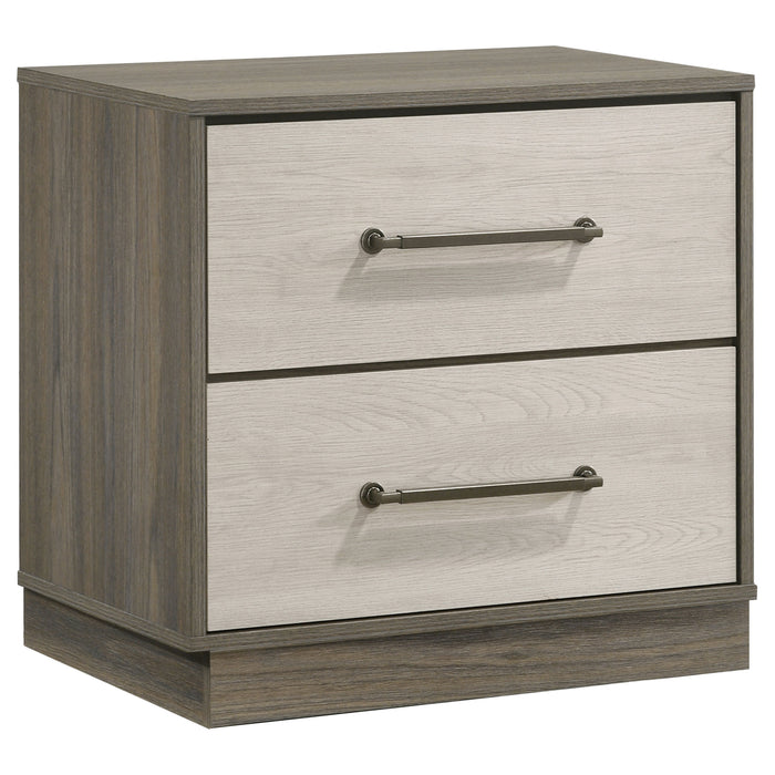Gray oak Fenwick 4-piece California King bedroom furniture set by CoasterEveryday, includes bed frame and storage pieces.