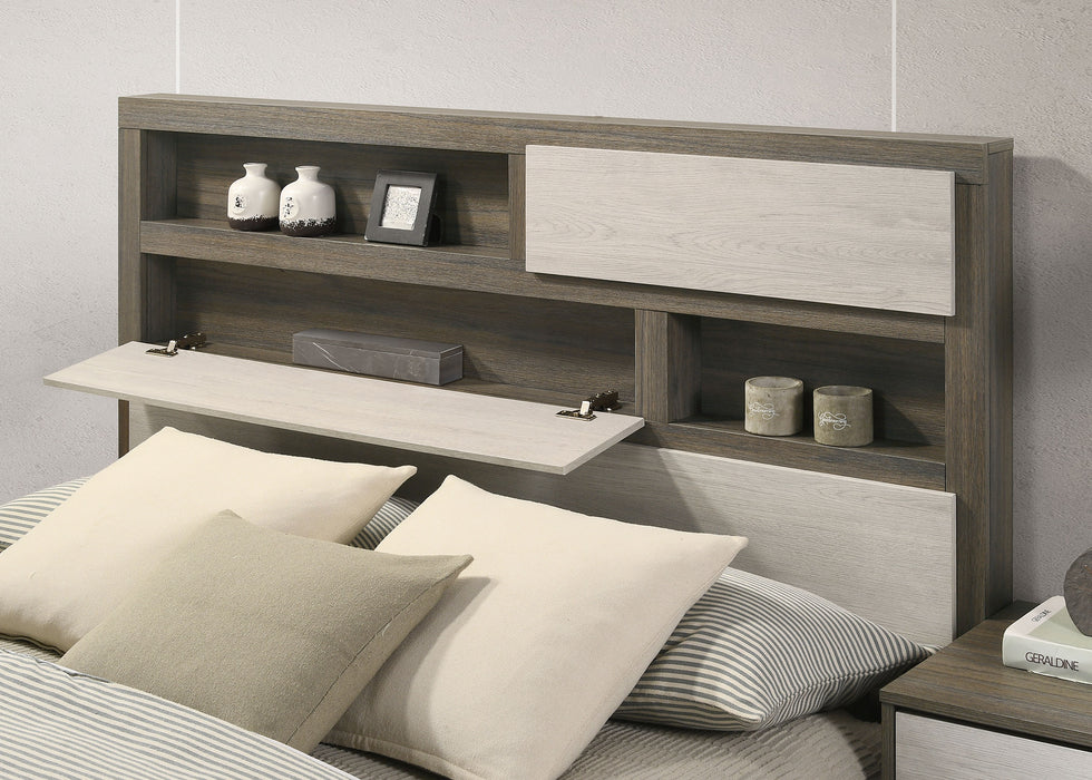 Grey oak Fenwick 4-piece California King bedroom furniture set by CoasterEveryday, including a bed, nightstands, and dresser.