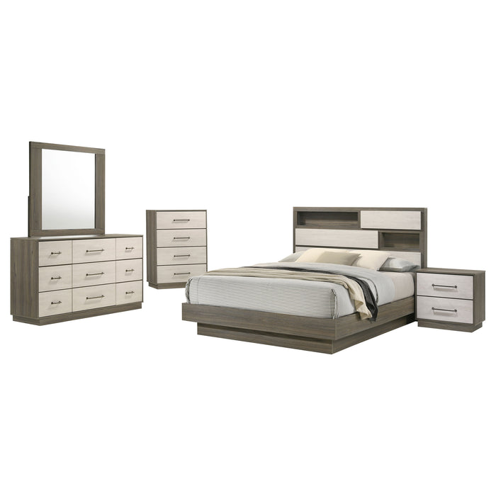 CoasterEveryday Fenwick 5-piece California King bedroom set in grey oak, featuring a bed frame, nightstands, and matching dresser.