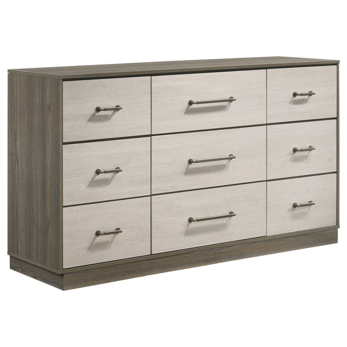 Grey oak Fenwick 5-piece California King bedroom furniture set by CoasterEveryday, featuring a modern bed frame and matching storage pieces.