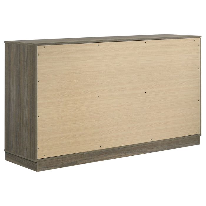 CoasterEveryday Fenwick 5-piece California King bedroom set in grey oak, includes bed frame, dresser, and matching furniture pieces.