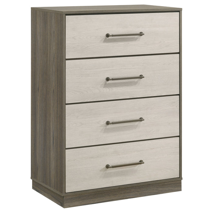 Fenwick 5-piece California King bedroom set in grey oak wood, including bed frame, nightstands, and dresser, by CoasterEveryday.