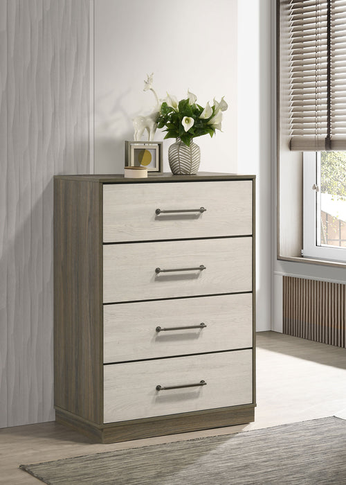 Grey oak Fenwick 4-drawer chest of drawers by CoasterEveryday, showcasing a modern furniture piece with sleek design.
