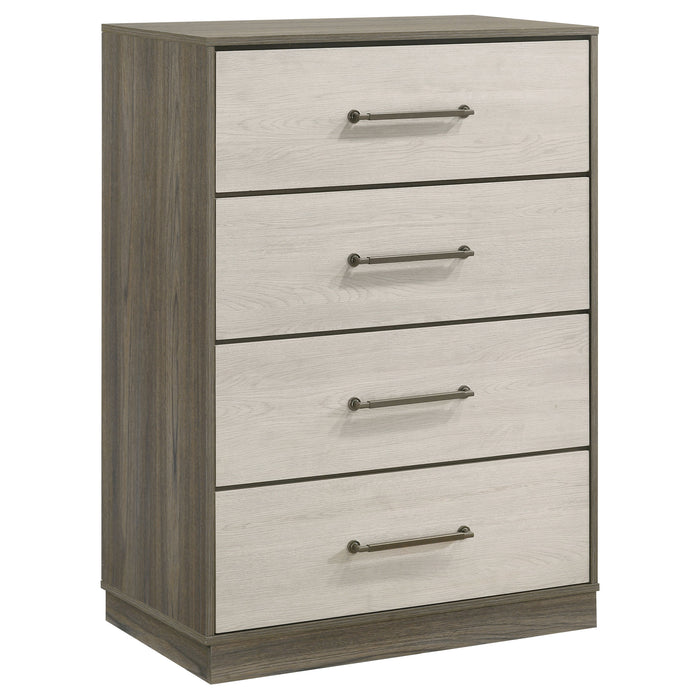 Grey oak Fenwick 4-drawer chest of drawers by CoasterEveryday, showcasing a modern furniture piece with sleek drawer handles.