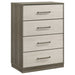 Grey oak Fenwick 4-drawer chest of drawers by CoasterEveryday, showcasing a modern furniture piece with sleek drawer handles.