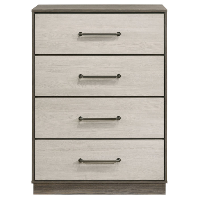 Grey oak Fenwick 4-drawer chest of drawers by CoasterEveryday, showcasing a modern furniture piece with sleek drawer handles.
