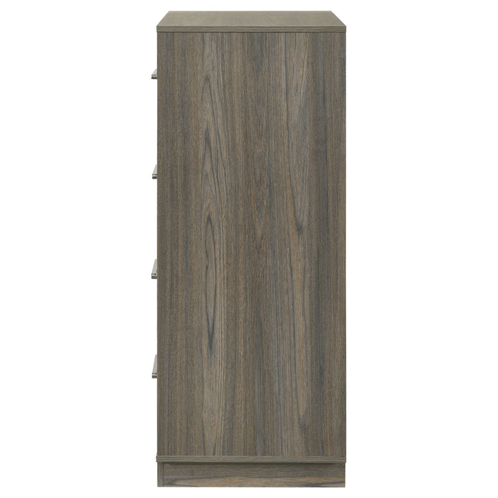 Grey oak Fenwick 4-drawer chest of drawers by CoasterEveryday, showcasing a modern furniture piece with sleek design and metal handles.