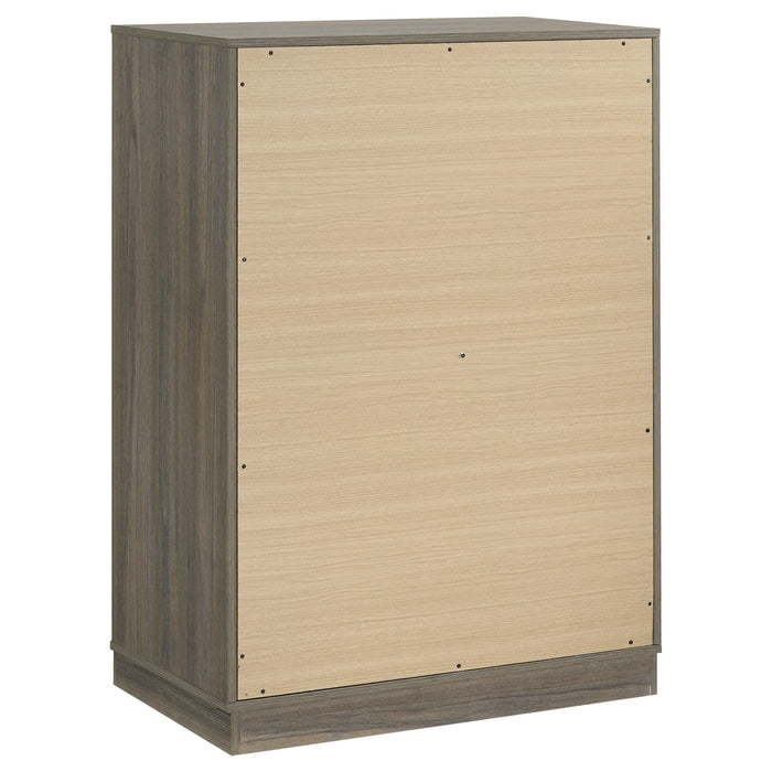 Grey oak Fenwick 4-drawer chest of drawers by CoasterEveryday, showcasing a modern furniture piece with sleek drawer handles.
