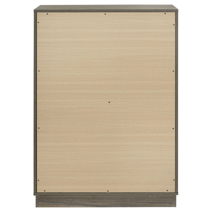 Grey oak Fenwick 4-drawer chest of drawers by CoasterEveryday, showcasing a modern furniture piece with sleek drawer handles.