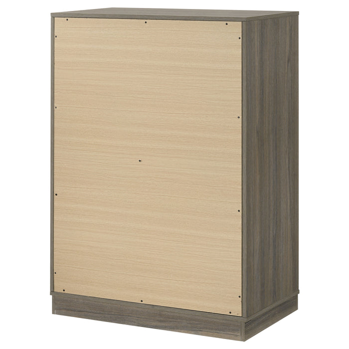 Grey oak Fenwick 4-drawer chest of drawers by CoasterEveryday, showcasing a sleek furniture piece with modern design and smooth drawer fronts.