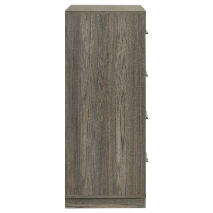 Grey oak Fenwick 4-drawer chest of drawers by CoasterEveryday, showing the furniture's sleek design and handle details.
