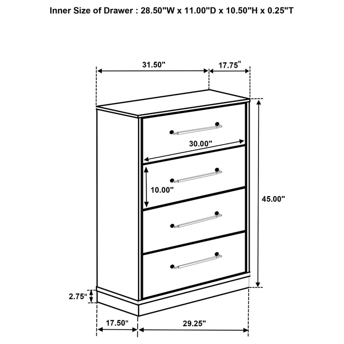 Gray oak Fenwick 4-drawer chest of drawers by CoasterEveryday, showcasing sleek furniture with metal handles and modern design.