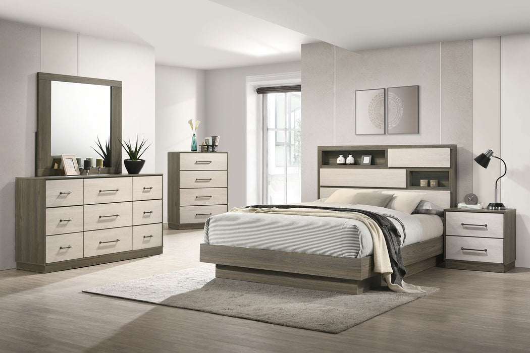 Grey oak Fenwick 4-drawer chest of drawers by CoasterEveryday, showing a modern furniture piece with sleek metal handles.
