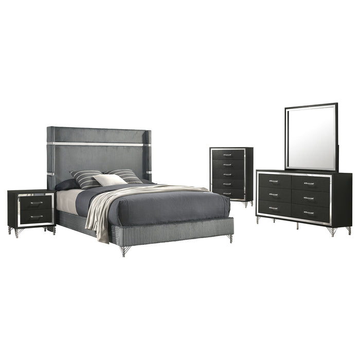 Lucia 5-piece Eastern King bedroom furniture set in grey and black, includes bed frame, nightstands, and dresser, from CoasterEveryday.