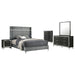 Lucia 5-piece Eastern King bedroom furniture set in grey and black, includes bed frame, nightstands, and dresser, from CoasterEveryday.