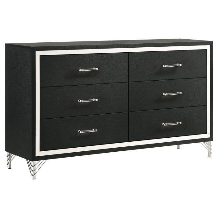 Lucia 5-piece Eastern King bedroom set by CoasterEveryday featuring grey and black furniture with a bed, nightstands, and dresser.