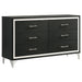 Lucia 5-piece Eastern King bedroom set by CoasterEveryday featuring grey and black furniture with a bed, nightstands, and dresser.
