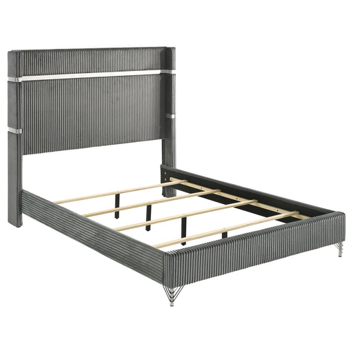 Grey upholstered Lucia queen wingback bed with tufted headboard and wooden legs, showcasing a modern furniture design.