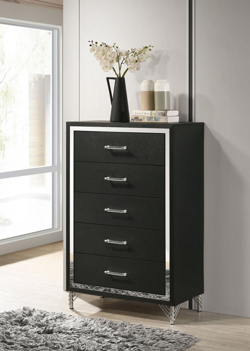 Black Lucia 5-drawer bedroom chest of drawers by CoasterEveryday, showing sleek design and spacious storage in a modern bedroom setting.