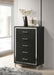 Black Lucia 5-drawer bedroom chest of drawers by CoasterEveryday, showing sleek design and spacious storage in a modern bedroom setting.