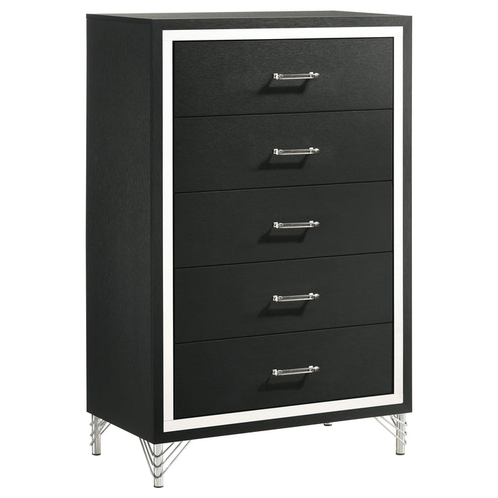 Black Lucia 5-drawer bedroom chest of drawers by CoasterEveryday, showing a sleek furniture piece with five spacious drawers.