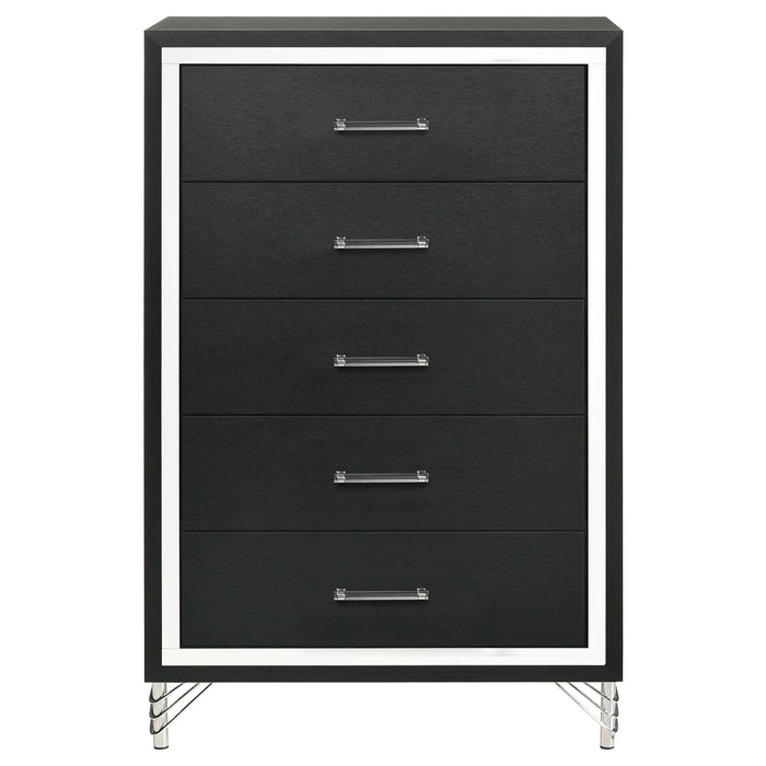 Black Lucia 5-drawer bedroom chest of drawers by CoasterEveryday, featuring sleek design and ample storage space.