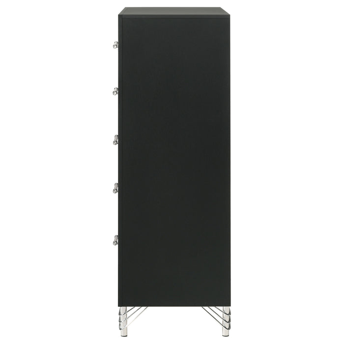Black Lucia 5-drawer bedroom chest of drawers by CoasterEveryday, showing sleek furniture with five spacious drawers.