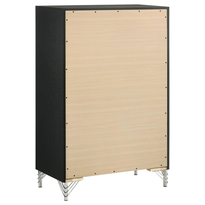 Black Lucia 5-drawer bedroom chest of drawers by CoasterEveryday, showing a modern furniture piece with sleek drawer handles.