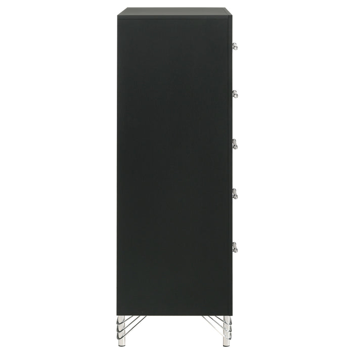 Black Lucia 5-drawer bedroom chest of drawers by CoasterEveryday, showing sleek furniture with five spacious drawers.