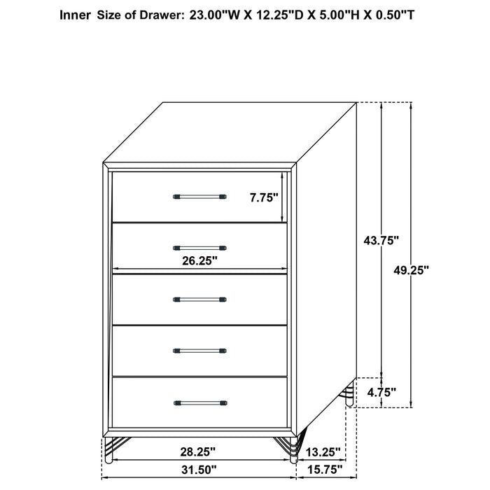 Lucia 5-drawer black bedroom chest of drawers by CoasterEveryday, showing sleek black finish and five spacious drawers.