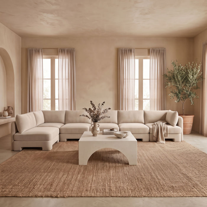 Meridian Furniture velvet performance fabric upholstered 6-piece L-shaped armless sectional sofa in a stylish stationary sectional design.