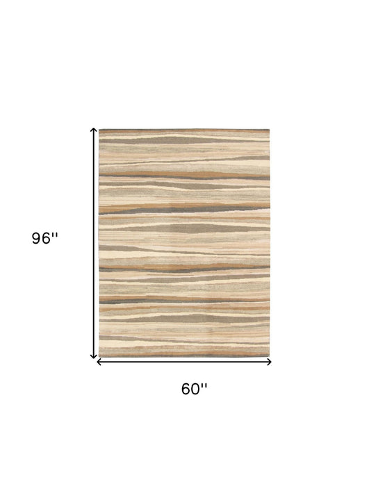 5' x 8' Wool Striped Hand Loomed Area Rug - Beige And Brown