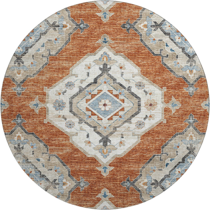 8' Tribal Distressed Washable Round Rug With UV Protection (644183) - Terra Cotta / Ivory / Blue