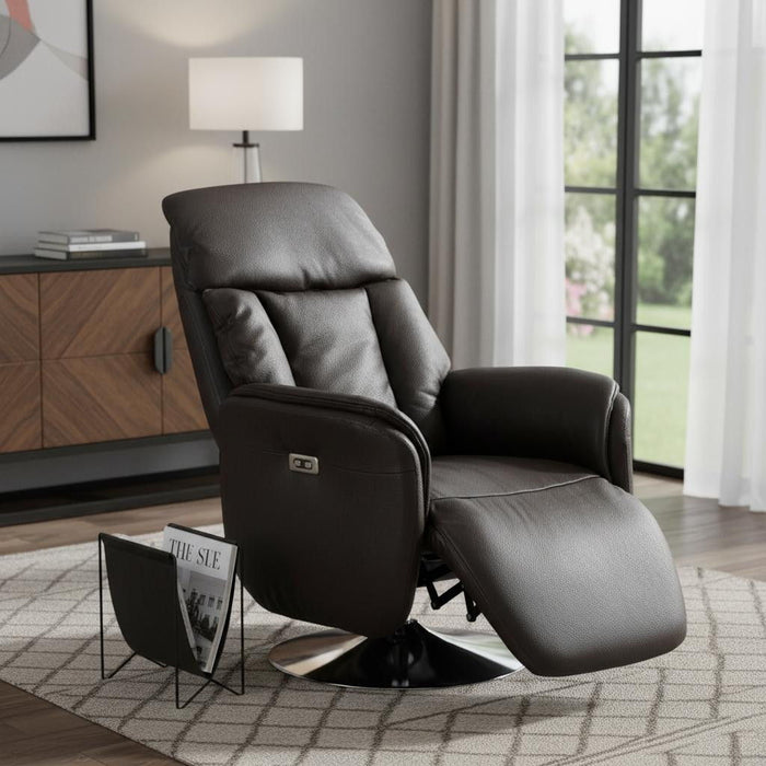 Tufted Genuine Leather Power Swivel Recliner (730573) - Brown