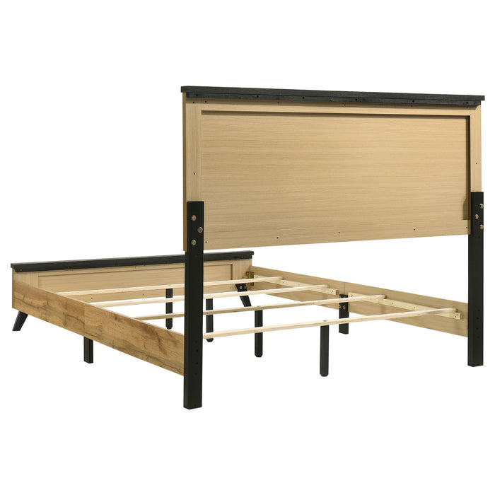 Natural pine Queen bedroom set with bed frame, two nightstands, dresser, and mirror from CoasterEveryday.