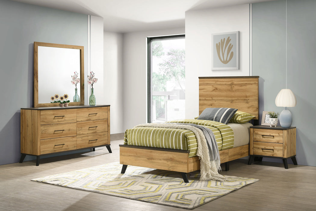 CoasterEveryday Kaywood 4-piece twin bedroom set in natural pine includes bed frame, dresser, nightstands, and mirror for a classic look.