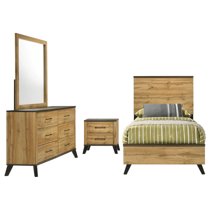 Natural pine Kaywood 4-piece twin bedroom furniture set by CoasterEveryday, including bed, nightstands, and dresser.