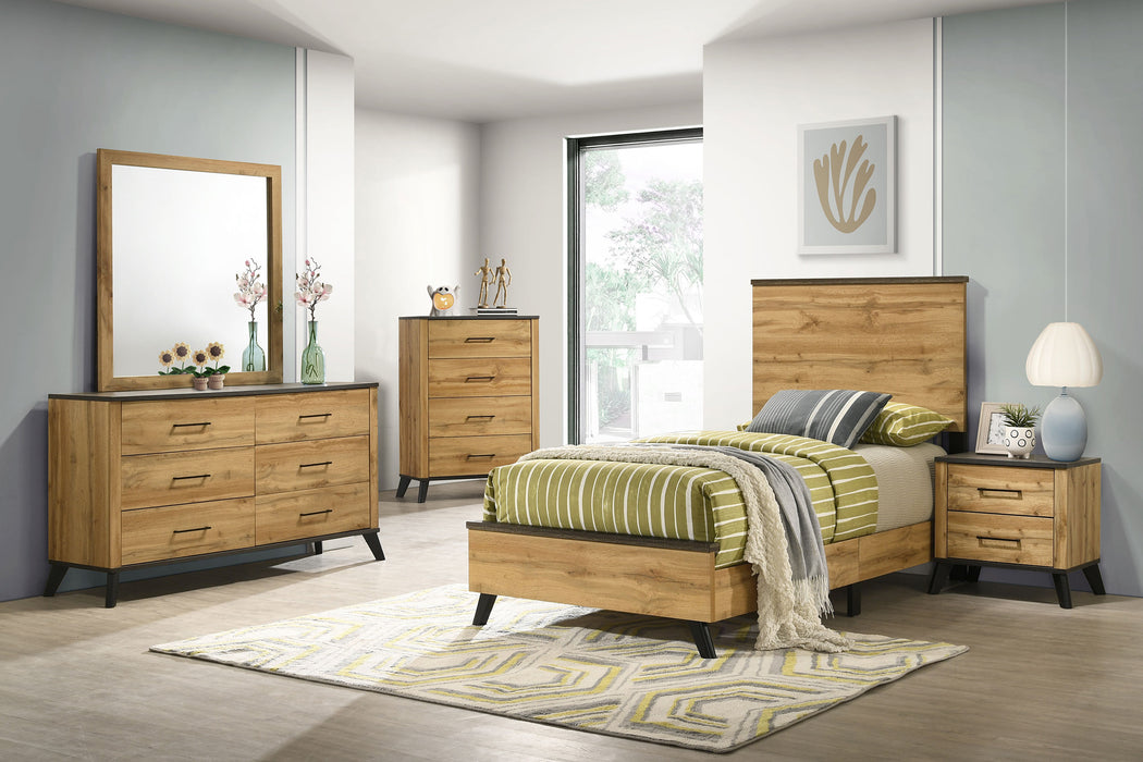 Natural pine 5-piece twin bedroom furniture set featuring a bed frame, dresser, and matching nightstands in a contemporary style.
