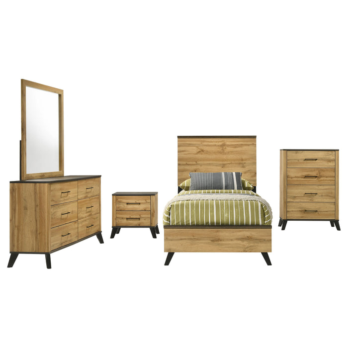 Natural pine Kaywood 5-piece twin bedroom set by CoasterEveryday, showing bed frame, nightstands, and dresser in a bedroom scene